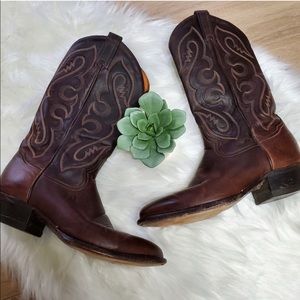 Tony Lama Dark Brown Pink Stitch Cowboy Boots 8.5D